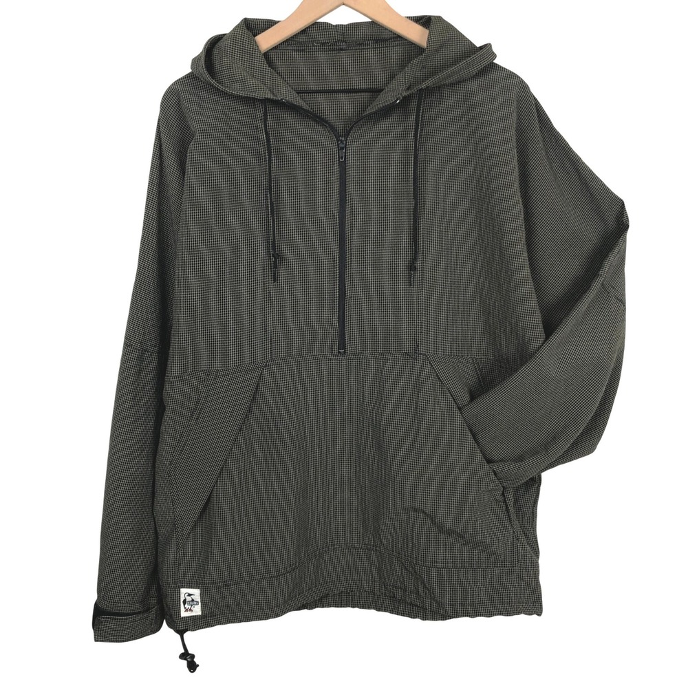 CHUMS Hello Wear Micro Grid Quarter Zip Hooded Anorak Jacket Sz S Green Pocket